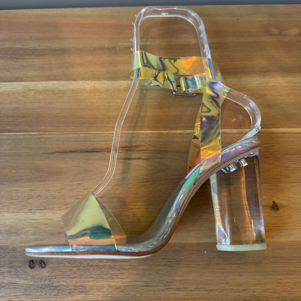 Jeffrey Campbell Women 8 Iridescent Clear Block Heel Sandals Holographic Strappy